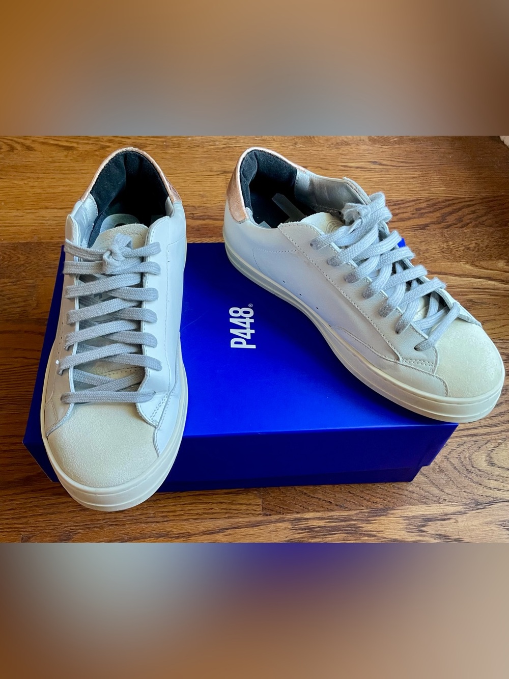 P448 Women’s White Leather Sneakers with Beige Heel Tab